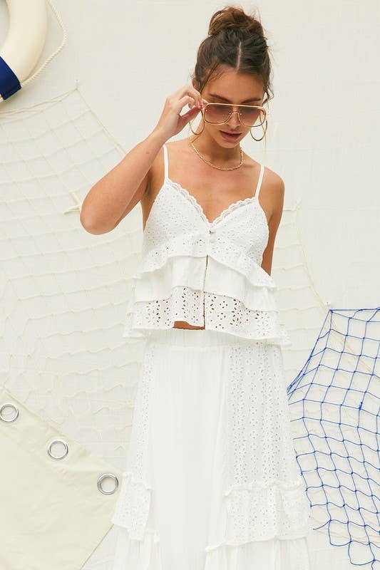 White Party Eyelet Ruffle Maxi Skirt