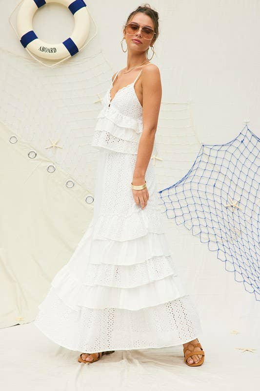 White Party Eyelet Ruffle Maxi Skirt