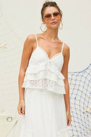 White Party Eyelet Ruffle Maxi Skirt