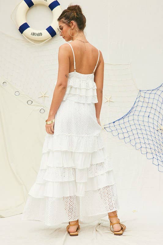 White Party Eyelet Ruffle Maxi Skirt