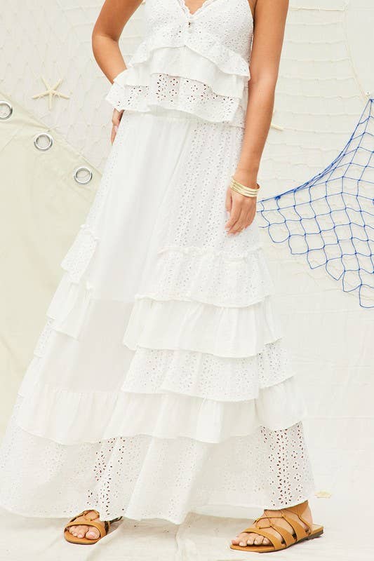White Party Eyelet Ruffle Maxi Skirt