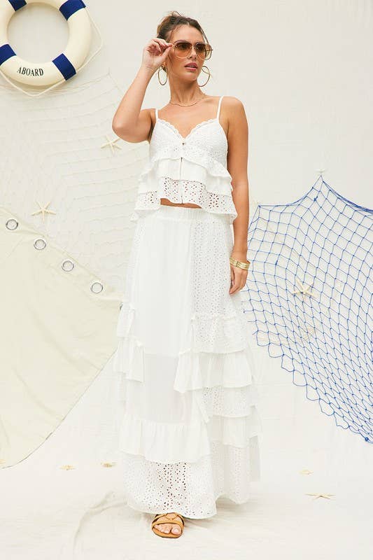 White Party Eyelet Ruffle Maxi Skirt