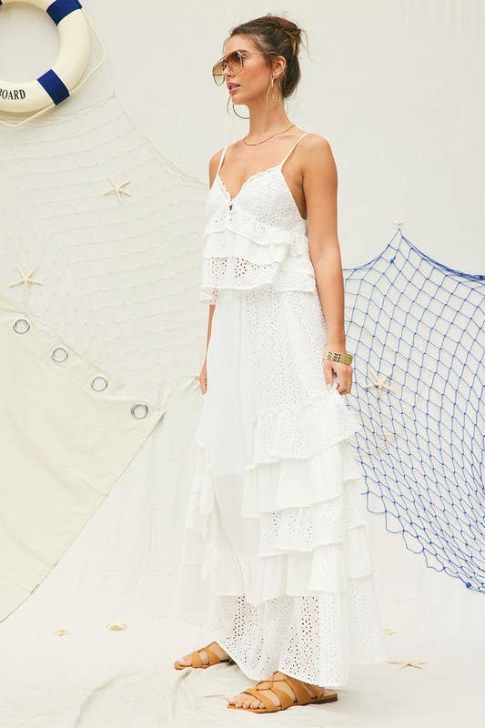 White Party Eyelet Ruffle Maxi Skirt