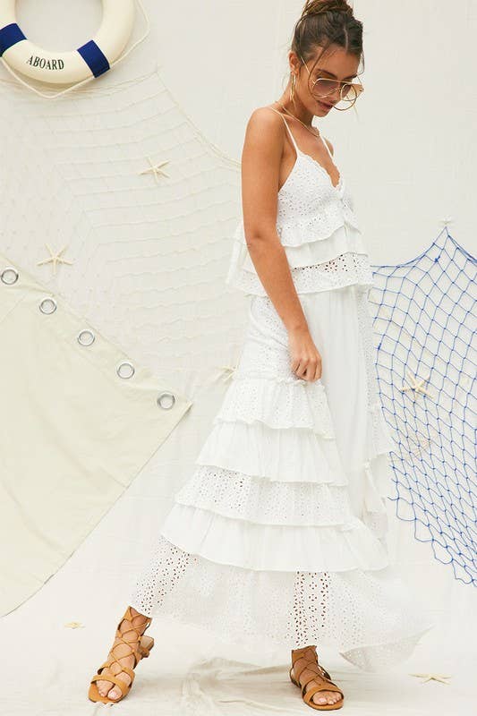 White Party Eyelet Ruffle Maxi Skirt