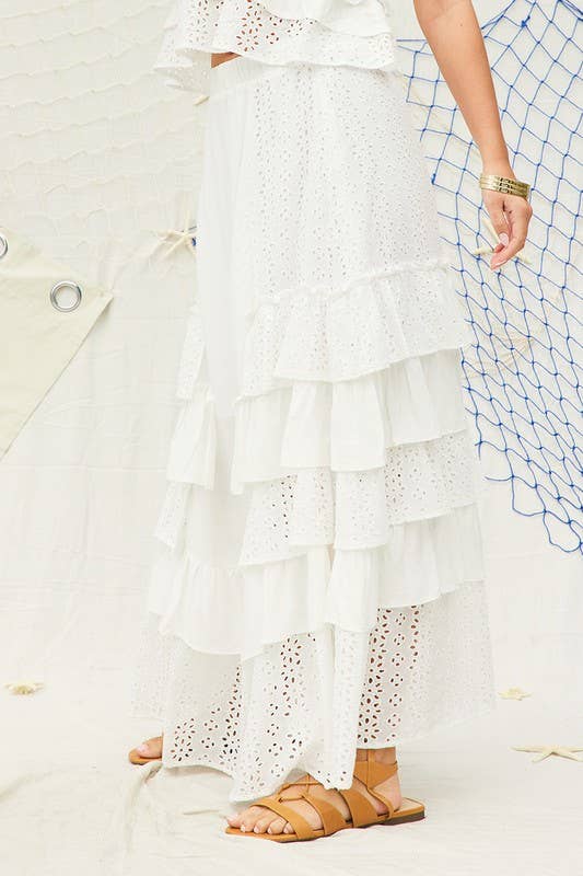 White Party Eyelet Ruffle Maxi Skirt