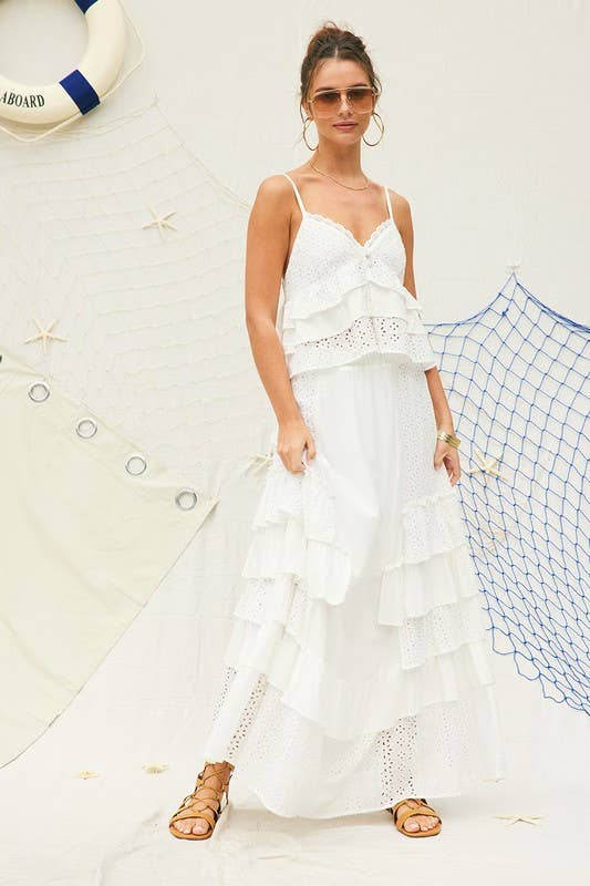 White Party Eyelet Ruffle Maxi Skirt