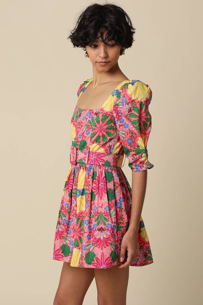 Salma Floral Belted Puff Sleeve Mini Dress
