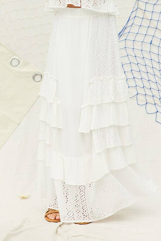 White Party Eyelet Ruffle Maxi Skirt