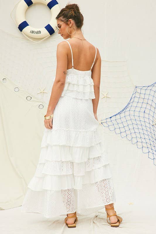 White Party Eyelet Ruffle Maxi Skirt